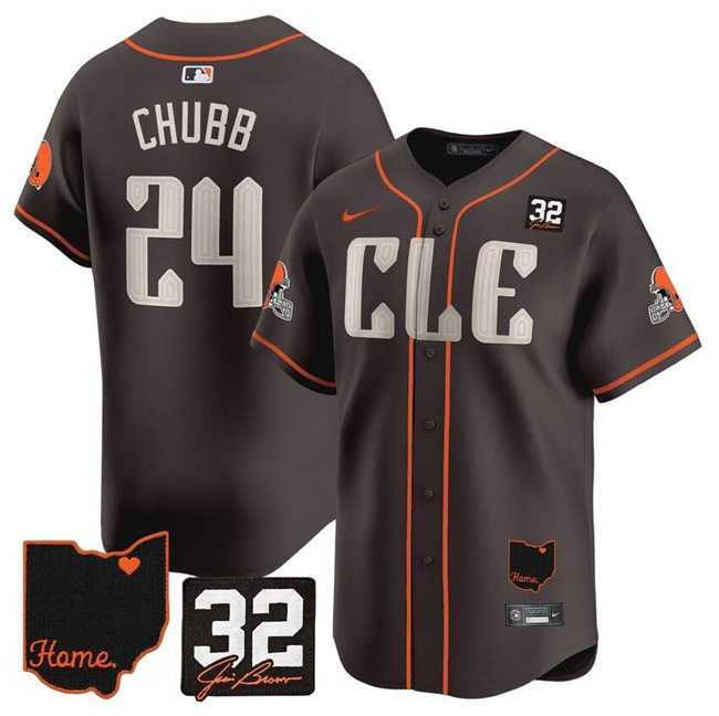Men%27s Cleveland Browns #24 Nick Chubb Brown With Jim Brown Memorial & Home Patch Vapor Premier Limited Stitched Baseball Jersey